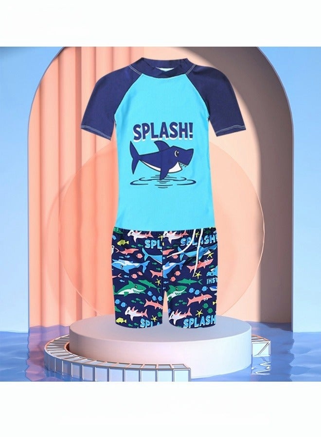 3 Piece Kids Swimsuit with Cap Set Toddler Boys Letter Shark Print Swimwear Children Swimming Trunks Short Sleeves Clothing Beachwear Bathing Suit for Summer Blue/Multicolor - Image 2