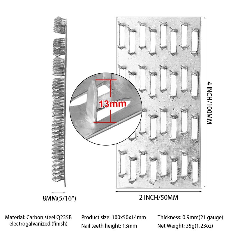 YSYONM Pronged Truss Plate Flat Mending Plates Repair Tie Plate Bracket Galvanized Steel 1 Mm Thick Nail Teeth Height 8Mm For Roofing Trusses Wood Timber Connectors (2   X4   , 10) - Image 2