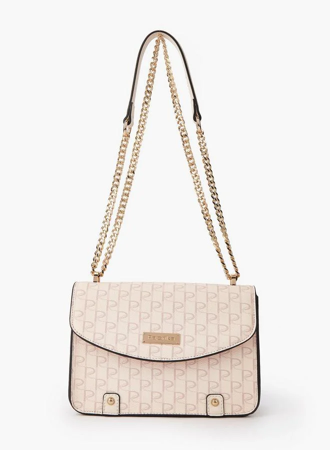 Paprika Monogram Print Crossbody Bag with Button Closure