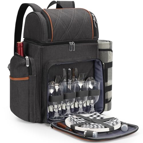 TwentyNext Picnic Backpack for 4 Picnic Basket Set Leakproof Picnic Bag Beach Cooler Backpack with Insulated Cooler Wine PouchPicnic Blanket Double Deck Picnic Backpack for BeachCampingPark Brown - Image 1
