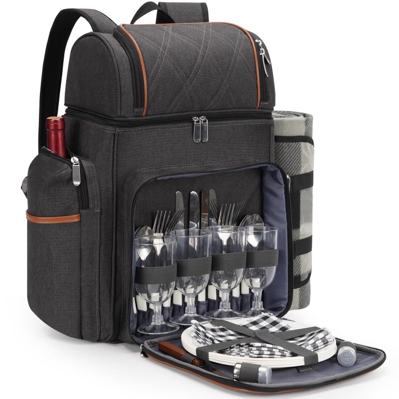 TwentyNext Picnic Backpack for 4 Picnic Basket Set Leakproof Picnic Bag Beach Cooler Backpack with Insulated Cooler Wine PouchPicnic Blanket Double Deck Picnic Backpack for BeachCampingPark Brown - Image 2
