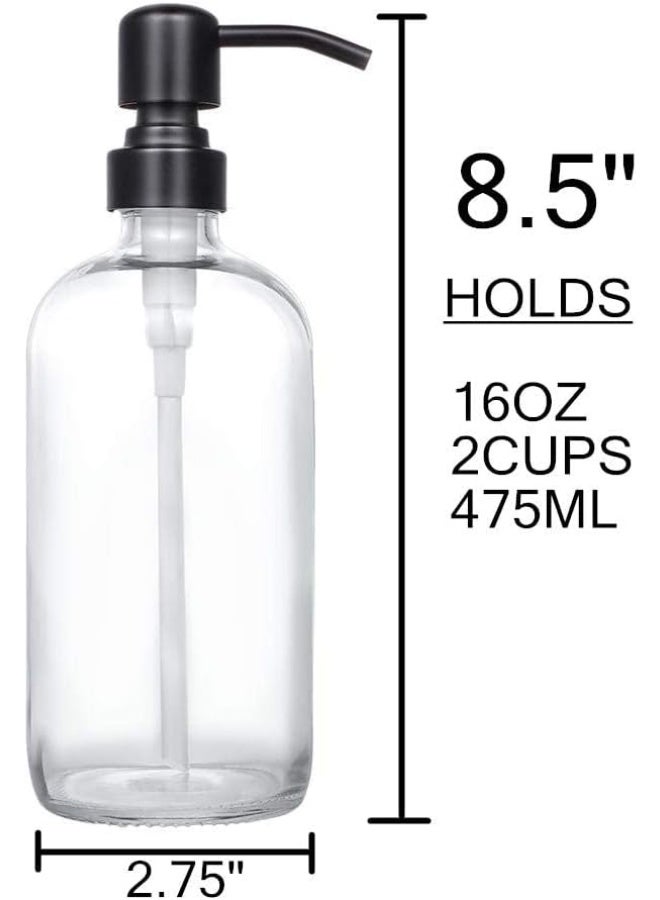 CHBJDAN 2 Pack Thick Clear Glass Pint Jar Soap Dispenser with Matte Black Stainless Steel Pump, 16ounce Clear Boston Round Bottles Dispenser with Rustproof Pump for Essential Oil, Lotion Soap - Image 2