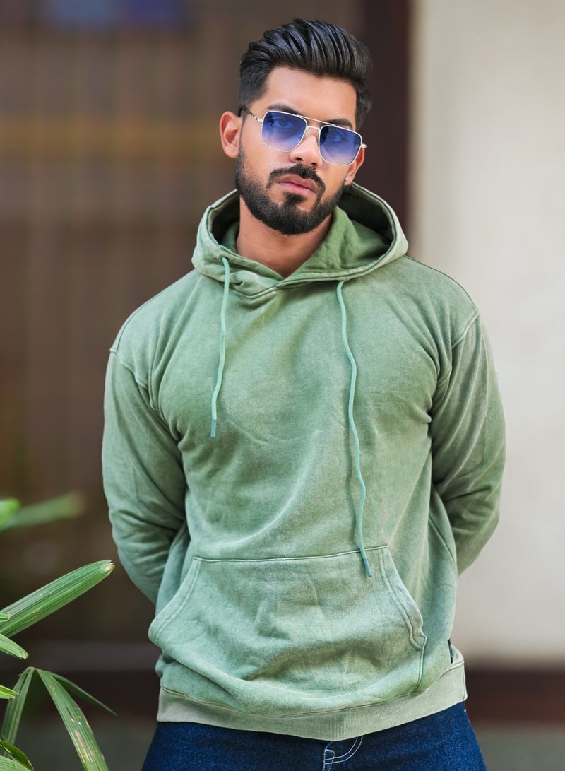 Maniac Mens Solid Acid Wash Hooded Neck Full Sleeve Hunter Green Oversized Sweatshirt - Image 1