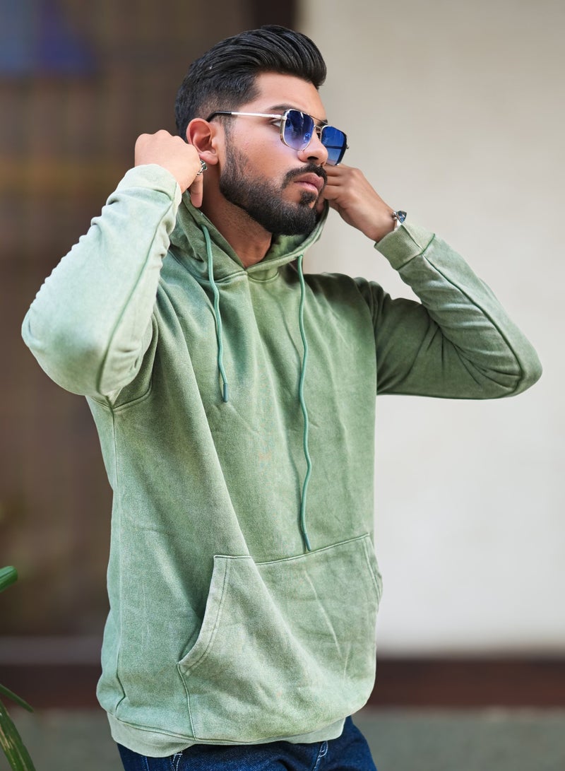 Maniac Mens Solid Acid Wash Hooded Neck Full Sleeve Hunter Green Oversized Sweatshirt - Image 2