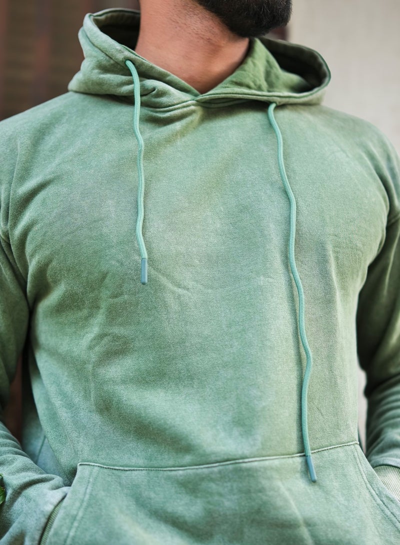 Maniac Mens Solid Acid Wash Hooded Neck Full Sleeve Hunter Green Oversized Sweatshirt - Image 5