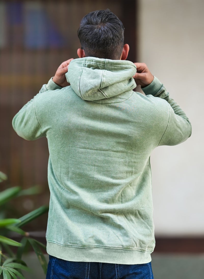 Maniac Mens Solid Acid Wash Hooded Neck Full Sleeve Hunter Green Oversized Sweatshirt - Image 3