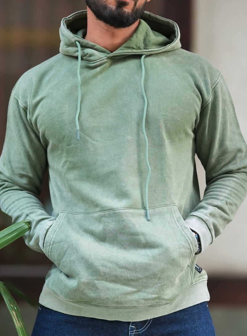 Maniac Mens Solid Acid Wash Hooded Neck Full Sleeve Hunter Green Oversized Sweatshirt - Image 4