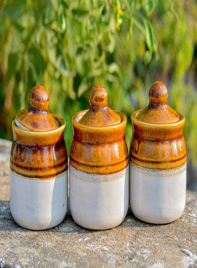 SHRIYAM CRAFT Ceramic Pickle Jar Set with Lid - 250ml, Set of 3, Brown and White - Image 1