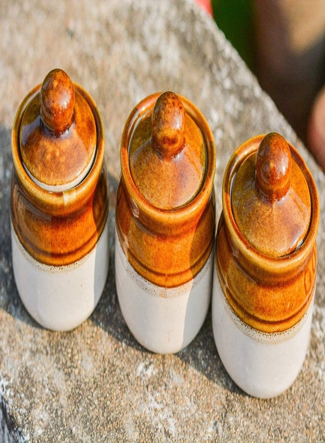 SHRIYAM CRAFT Ceramic Pickle Jar Set with Lid - 250ml, Set of 3, Brown and White - Image 2