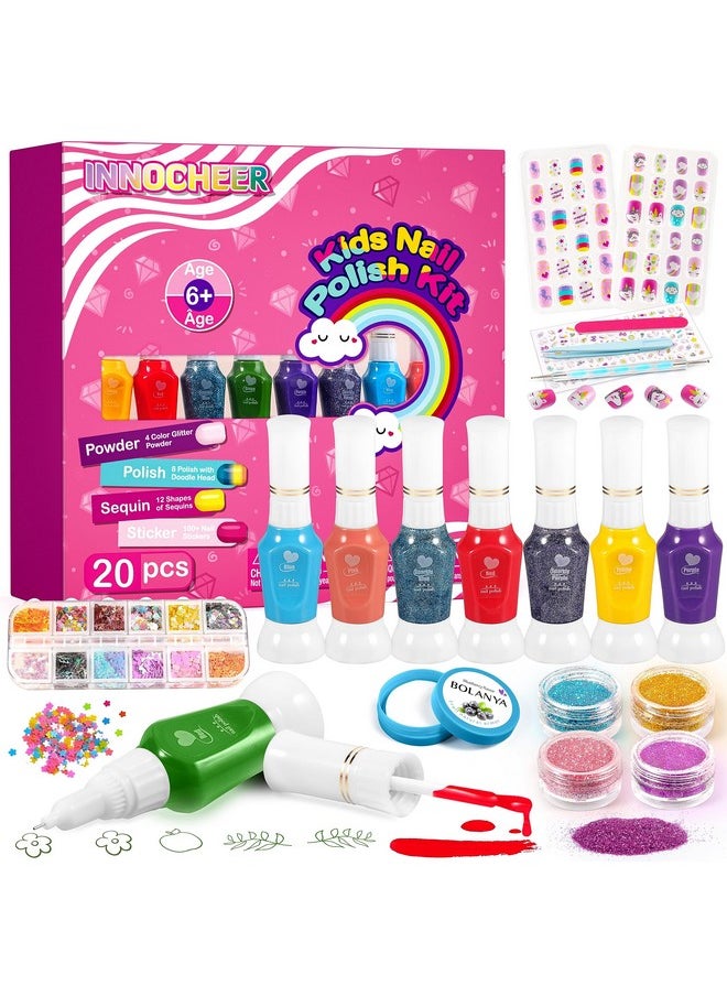 INNOCHEER Kids Nail Polish Set For Girls 20 Pcs Kids Nail Art Kit With Non Toxic Nail Polish For Kids Girls/ Glitter Powder/ Sticky Fake Nail/ Nail File For Girls Slumber Party Age 612  - Image 2