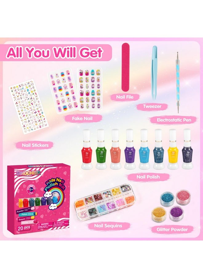 INNOCHEER - Kids Nail Polish Set For Girls 20 Pcs Kids Nail Art Kit With Non Toxic Nail Polish For Kids Girls/ Glitter Powder/ Sticky Fake Nail/ Nail File For Girls Slumber Party Age 612 - Image 1