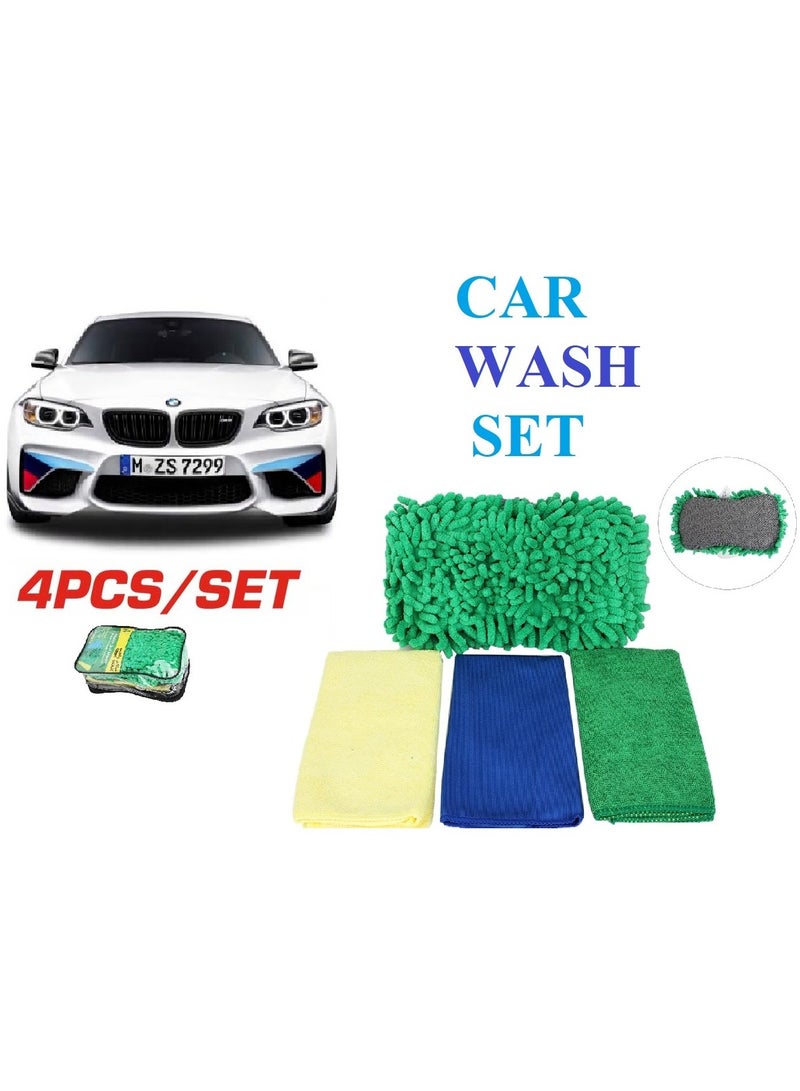 Microfiber Washing Set Double Side Chenille And Mesh Cloth Car Wash Noodle Sponge with 3 different Color Microfiber Detailing, Window Glass and Drying Cloth Towels Multi-Purpose Super Absorbent For Pe - Image 1
