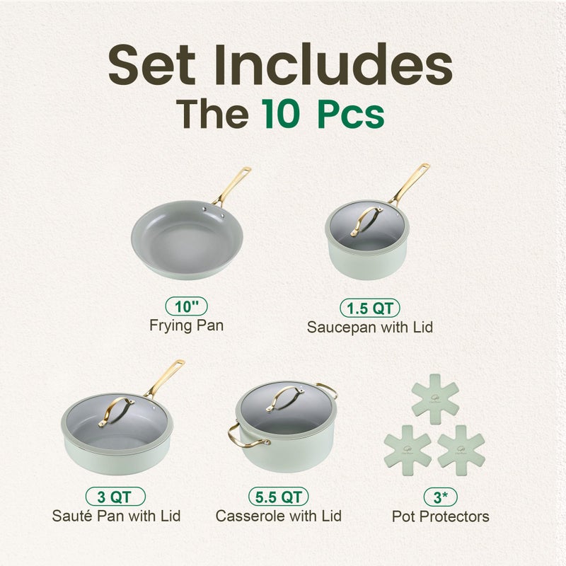 Chef Power Ceramic Cookware Sets, 10Pcs Pots and Pans Set Non Stick, Cookware Set with Stainless Steel Handle, Dishwasher & Oven Safe, Sage Green and Granite Grey - Image 2