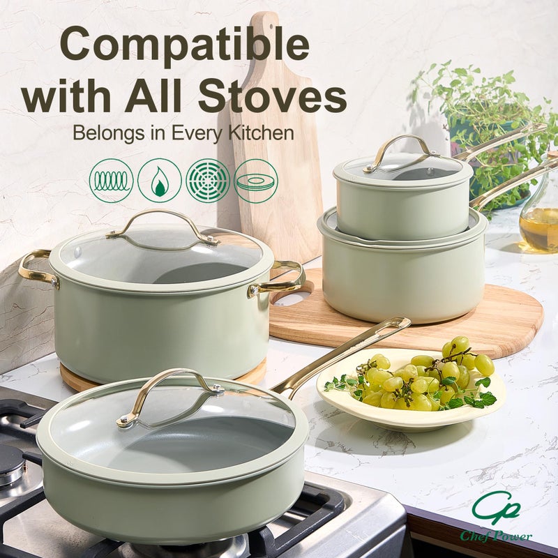Chef Power Ceramic Cookware Sets, 10Pcs Pots and Pans Set Non Stick, Cookware Set with Stainless Steel Handle, Dishwasher & Oven Safe, Sage Green and Granite Grey - Image 5