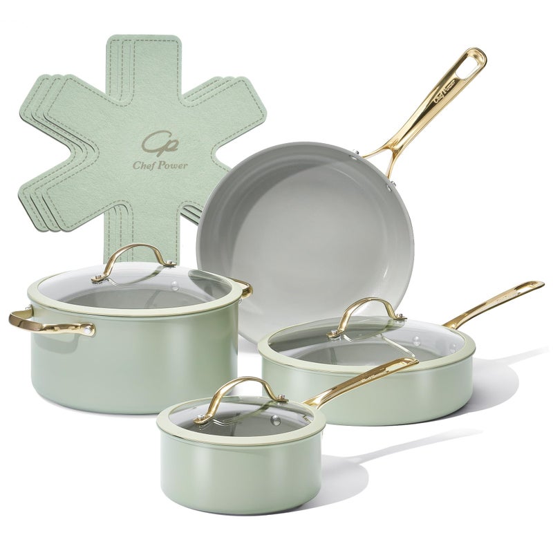 Chef Power Ceramic Cookware Sets, 10Pcs Pots and Pans Set Non Stick, Cookware Set with Stainless Steel Handle, Dishwasher & Oven Safe, Sage Green and Granite Grey - Image 1