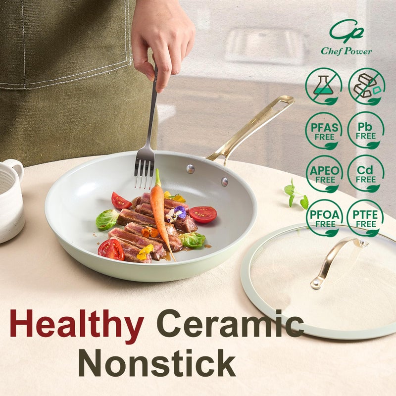 Chef Power Ceramic Cookware Sets, 10Pcs Pots and Pans Set Non Stick, Cookware Set with Stainless Steel Handle, Dishwasher & Oven Safe, Sage Green and Granite Grey - Image 3