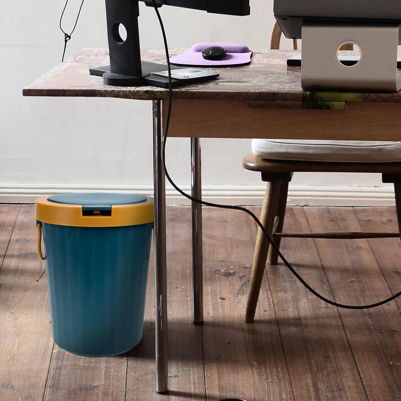 Push-Type Small Plastic Trash Can with Lid Blue, Household Garbage Container for Bathroom and Kitchen Waste Paper Basket - Image 3
