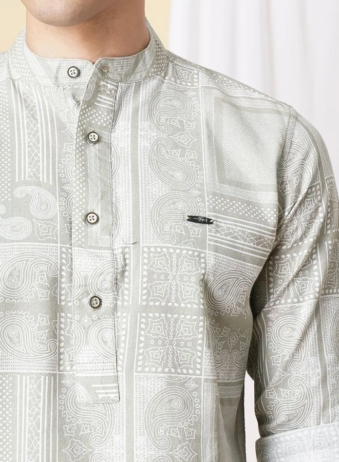 ذا انديان كراج كو Men Regular Fit Paisley Printed Full Sleeves Mandarin Collar Ethnic Shirt