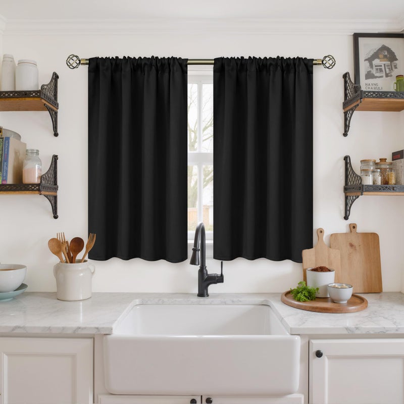 BGment Black Blackout Curtains 40 Inches Long for Kitchen Windows - Short Thermal Insulated Drapes with Rod Pocket Privacy for Cafe Bedroom Window, 42 x 40 Inch, 2 Panels - Image 1