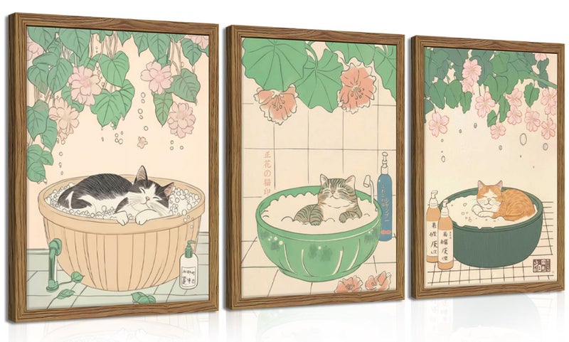 Tmvosn Japanese Cat Bathroom Wall Art Set of 3 Funny Cat in Bathtub Canvas Wall Decor Paintings Vintage Japandi Cute Animal Aesthetic Poster Prints Pictures for Restroom Bathroom 12x16 Inch Framed - Image 2