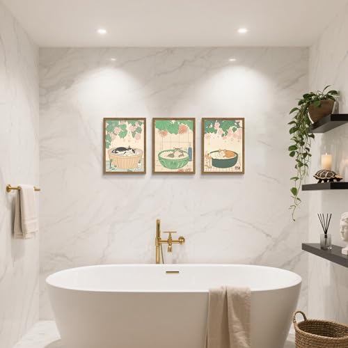 Tmvosn Japanese Cat Bathroom Wall Art Set of 3 Funny Cat in Bathtub Canvas Wall Decor Paintings Vintage Japandi Cute Animal Aesthetic Poster Prints Pictures for Restroom Bathroom 12x16 Inch Framed - Image 3