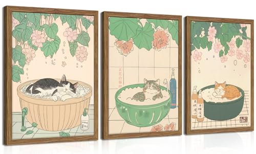 Tmvosn Japanese Cat Bathroom Wall Art Set of 3 Funny Cat in Bathtub Canvas Wall Decor Paintings Vintage Japandi Cute Animal Aesthetic Poster Prints Pictures for Restroom Bathroom 12x16 Inch Framed - Image 1