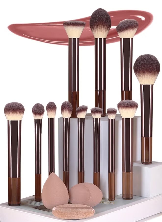 مجموعة فرش مكياج مكونة من 15 قطعة، 12 فرشاة مكياج متعددة الاستخدامات، مع إسفنجيتي مكياج وواحدة بكرة مكياج، فرشاة كريم أساس، بلاشر، كونسيلر، تظليل، وفرشاة مكياج العيون، للمبتدئين والمحترفين - Image 1
