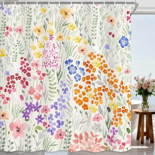 Hajmsug Cute Floral Shower Curtain, Spring Boho Cottagecore Colorful Kids Watercolor Flower Fabric Girly Wildflower Pink Cloth Bathroom Curtains, Funky Trendy Plant Bathroom Decor Set with Hooks 72X72 In - Image 1