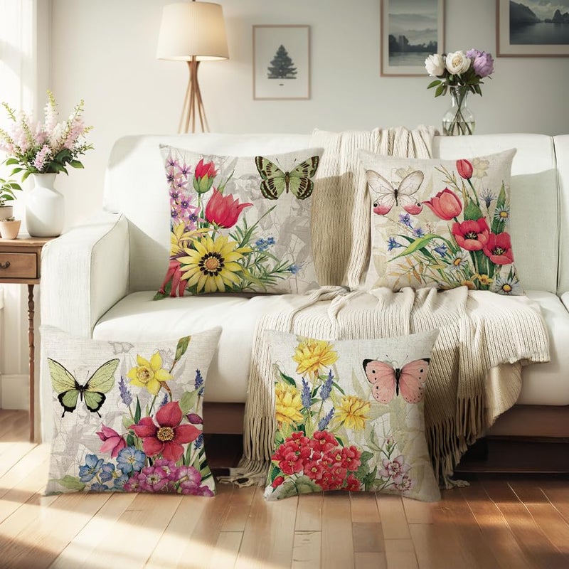wyooxoo Throw Pillow Covers 18x18 Set of 4 Decorative Spring Pillow Covers Linen Flower Butterfly Farmhouse Pillowcases for Sofa Couch Living Room Outdoor - Image 4