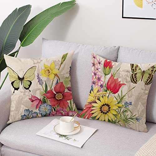 wyooxoo Throw Pillow Covers 18x18 Set of 4 Decorative Spring Pillow Covers Linen Flower Butterfly Farmhouse Pillowcases for Sofa Couch Living Room Outdoor - Image 3
