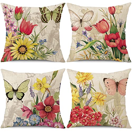 wyooxoo Throw Pillow Covers 18x18 Set of 4 Decorative Spring Pillow Covers Linen Flower Butterfly Farmhouse Pillowcases for Sofa Couch Living Room Outdoor - Image 1