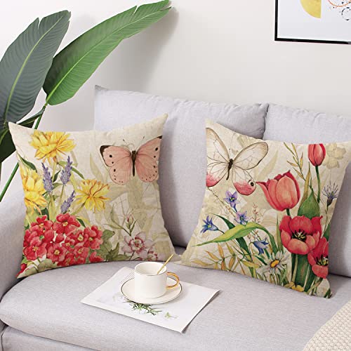 wyooxoo Throw Pillow Covers 18x18 Set of 4 Decorative Spring Pillow Covers Linen Flower Butterfly Farmhouse Pillowcases for Sofa Couch Living Room Outdoor - Image 2