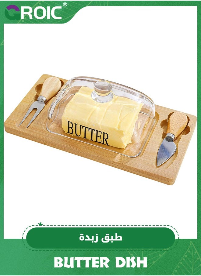 GROIC - Butter Dish with Glass Lid, Bamboo Base, Square Clear Butter Dish with Handle,Butter Keeper Saver with Cover for Table, Kitchen Countertop,Butter Keeper Container Storage with Double Knife - Image 1