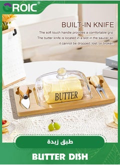 GROIC Butter Dish with Glass Lid, Bamboo Base, Square Clear Butter Dish with Handle,Butter Keeper Saver with Cover for Table, Kitchen Countertop,Butter Keeper Container Storage with Double Knife  - Image 4