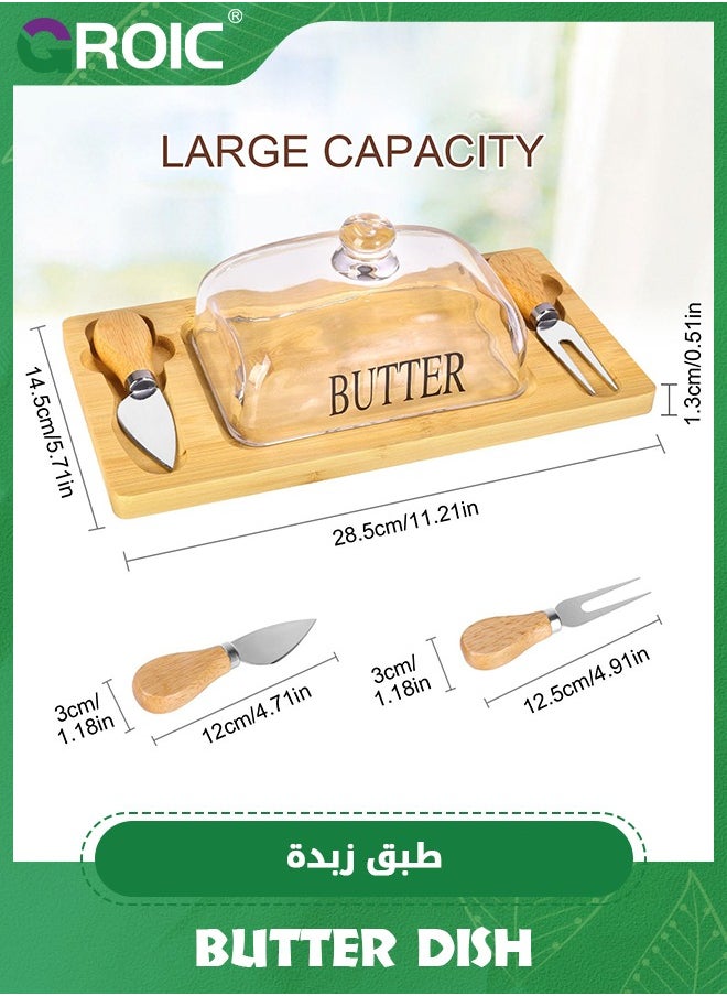 GROIC - Butter Dish with Glass Lid, Bamboo Base, Square Clear Butter Dish with Handle,Butter Keeper Saver with Cover for Table, Kitchen Countertop,Butter Keeper Container Storage with Double Knife - Image 1