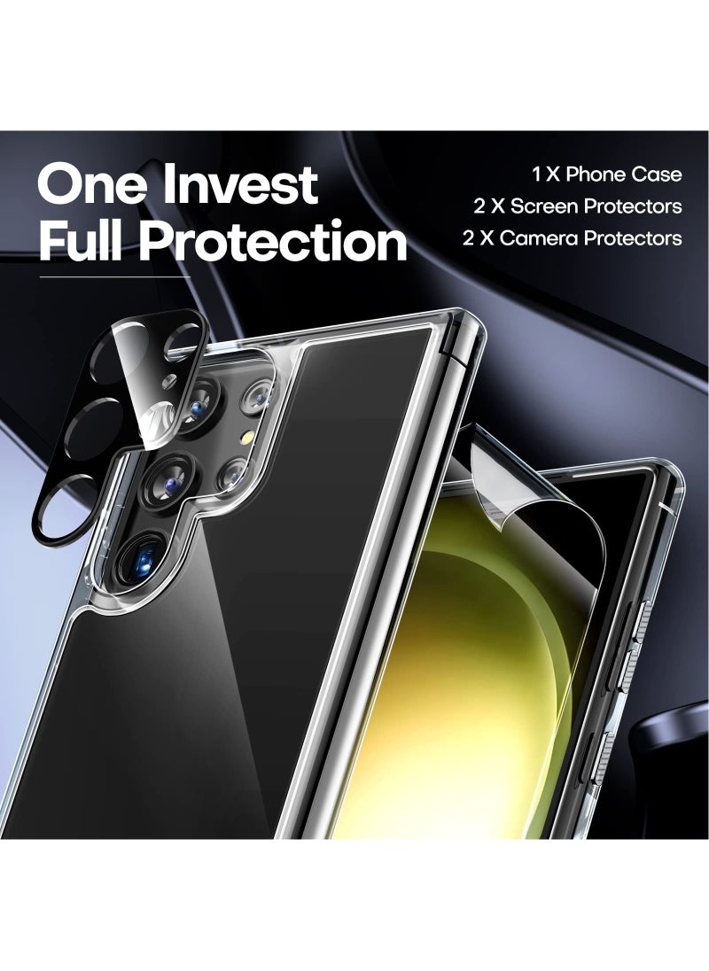 5-in-1 Compatible with Samsung Galaxy S23 Ultra 6.8'' Clear Back Cover X1, TPU Soft Film Screen Protector X2, Camera Lens Tempered Glass Protector X2, Slim Fit Transparent Case Protetive Accessorise