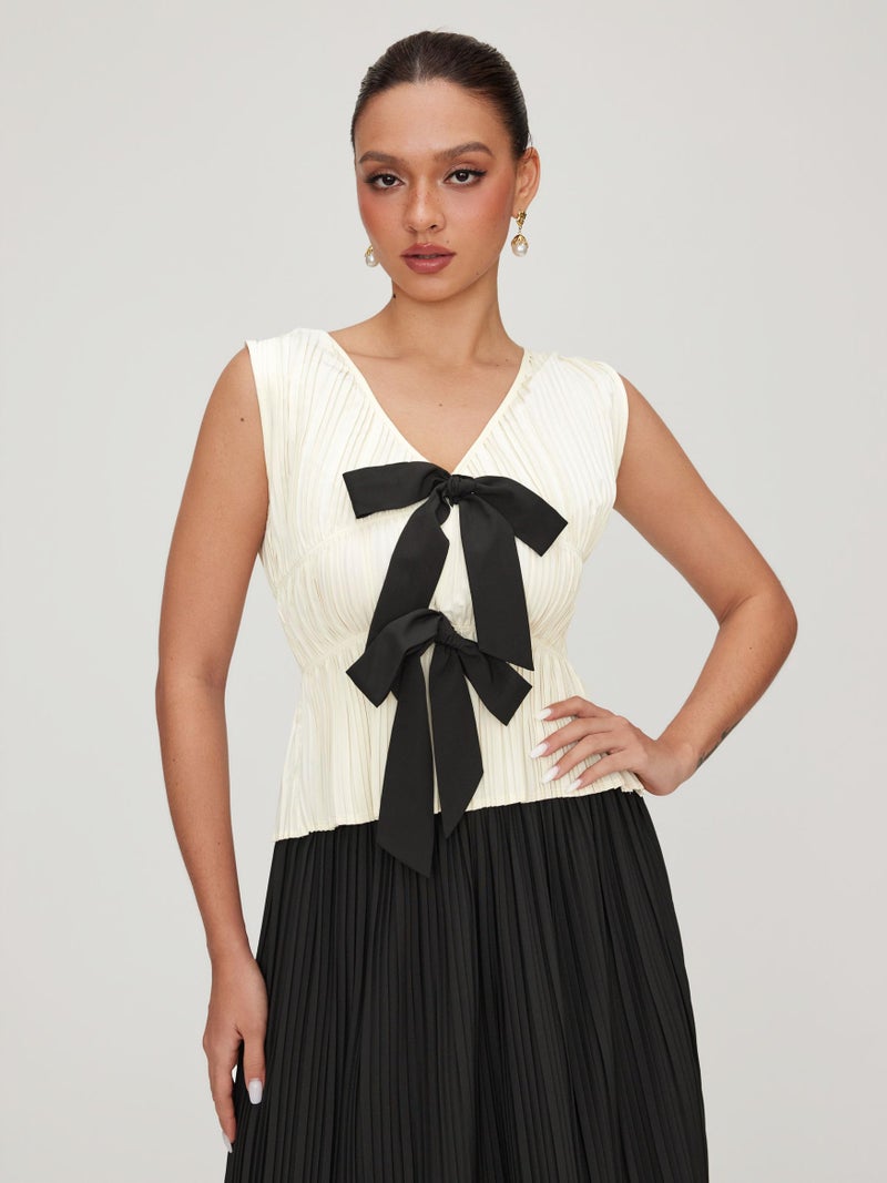 CIDER Bow Tie Front Tops Women Sleeveless Pleated Deep V Neck Tank Tops Going Out Casual Blouse Cute Trendy Shirts Beige - Image 3