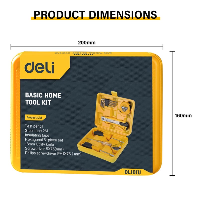 Deli DL1011J مجموعة أدوات منزلية مكونة من 11 قطعة محمولة ومضغوطة مع قلم اختبار وشريط كهربائي وشريط قياس ومفكات وسكين متعدد الاستخدامات و5 مفاتيح سداسية وصندوق تخزين لإصلاحات المنزل (أصفر) - Image 2