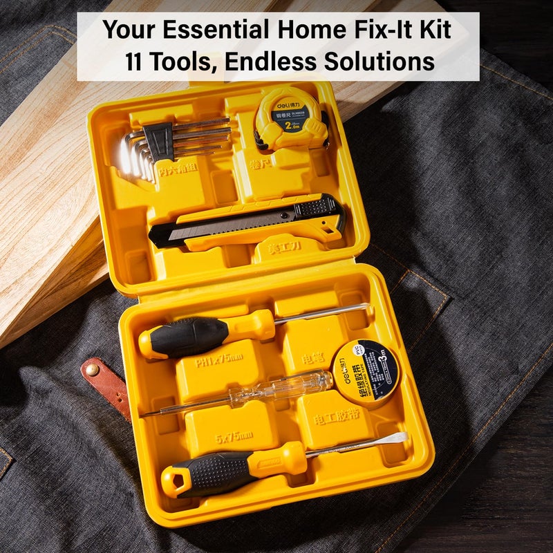 Deli DL1011J مجموعة أدوات منزلية مكونة من 11 قطعة محمولة ومضغوطة مع قلم اختبار وشريط كهربائي وشريط قياس ومفكات وسكين متعدد الاستخدامات و5 مفاتيح سداسية وصندوق تخزين لإصلاحات المنزل (أصفر) - Image 4