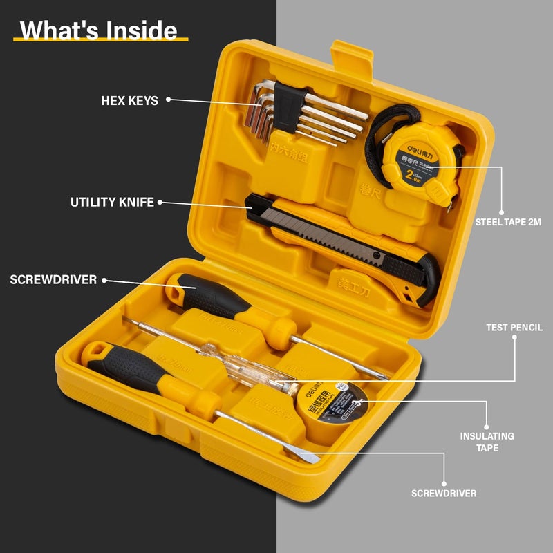 Deli DL1011J مجموعة أدوات منزلية مكونة من 11 قطعة محمولة ومضغوطة مع قلم اختبار وشريط كهربائي وشريط قياس ومفكات وسكين متعدد الاستخدامات و5 مفاتيح سداسية وصندوق تخزين لإصلاحات المنزل (أصفر) - Image 3