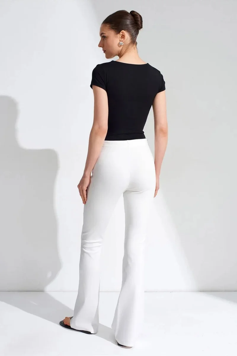 Dilvin White DILVIN Mid-Waist Flare Jersey Pants With Drawstring for Women | Best Price UAE