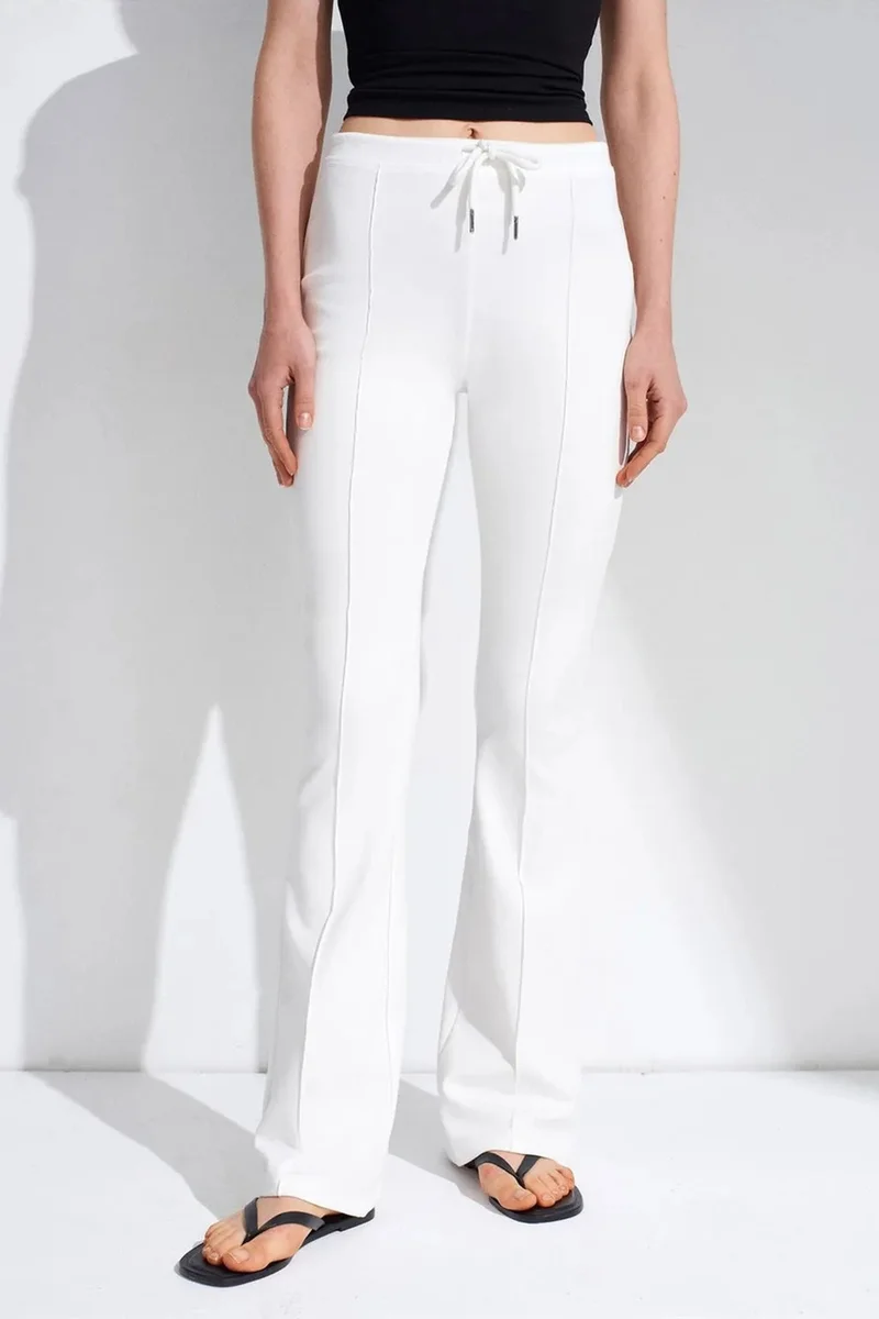 Dilvin White DILVIN Mid-Waist Flare Jersey Pants With Drawstring for Women | Best Price UAE