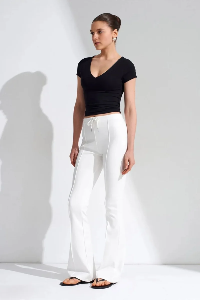 Dilvin White DILVIN Mid-Waist Flare Jersey Pants With Drawstring for Women | Best Price UAE