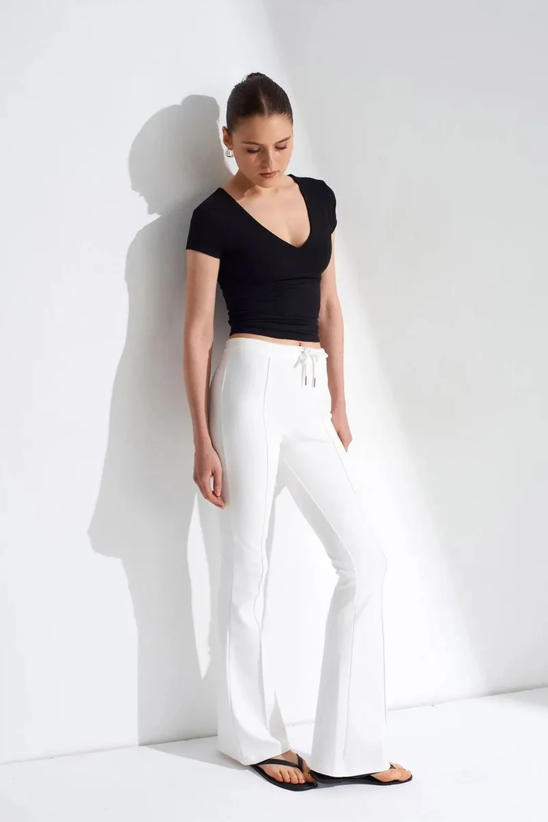 Dilvin White DILVIN Mid-Waist Flare Jersey Pants With Drawstring for Women | Best Price UAE