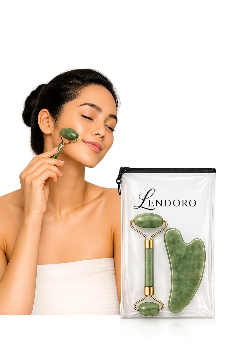 Jade Roller and Gua Sha Set, Natural Jade, Face Massage Tool for Anti-Wrinkle, Face-Lifting, Skin Care
