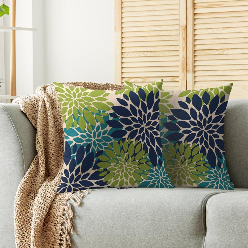 Smozenith Smozenith Navy Blue Green Teal Pillow Covers 20X20 Inch Set of 2  Modern Geometry Dahlia Floral Print Decorative Throw Pillow Covers Outdoor Farmhouse Cushion Case for Home Couch Sofa Bed Decoration  - Image 2