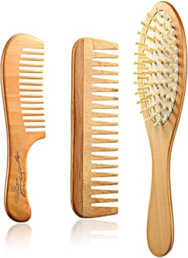 BOAO - 3 Pieces Wooden Detangling Comb Set Wooden Wide Tooth Comb No Static Wooden Bamboo Paddle Hair Brush Scalp Comb Sandalwood Hair Comb for Curly Hair Dry Wet - Image 1