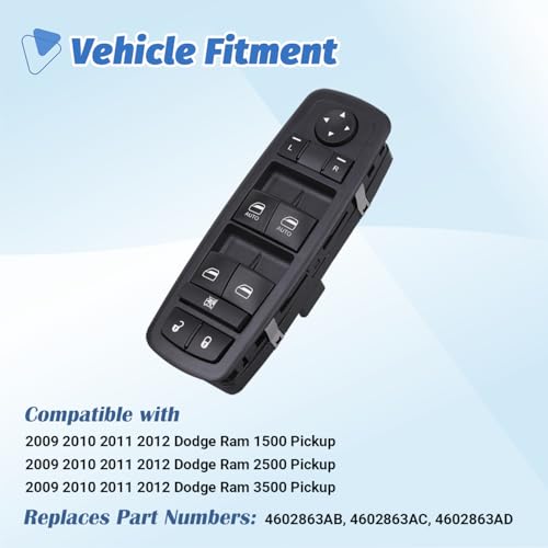Obaee Master Power Window Switch Door Lock Main Control Button Front Left Driver Side Compatible with 2009 2010 2011 2012 Dodge RAM 1500/2500/3500 Pickup Crew Cab Quad Replacement 4602863AB 4602863AC - Image 2