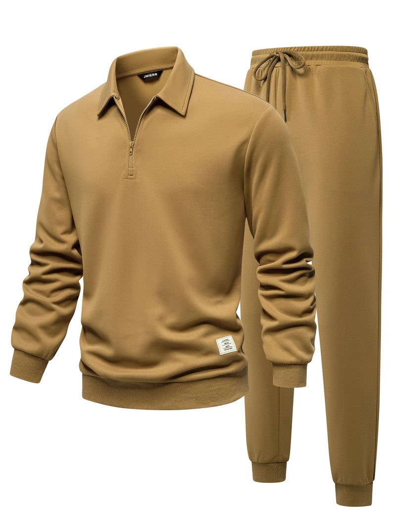JMIERR Mens Track Suits 2 Piece Set Airport Outfits Long Sleeve 1/4 Zip Sweatshirt & Joggers Sweatpants with Pockets Mens Loungewear Sets, Khaki, 2XL - Image 1