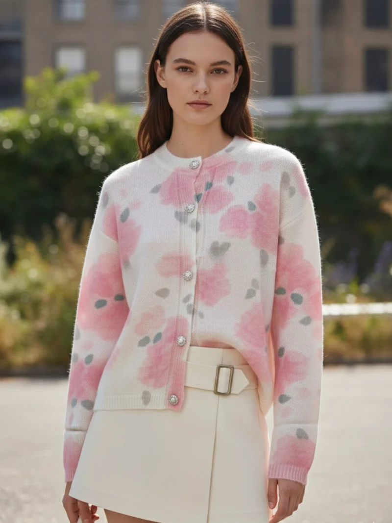 Outzidr  Cream Printed Button Down Cardigan  | Best Price UAE